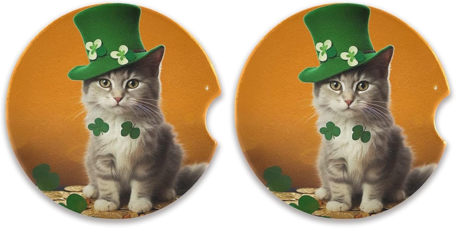 St Patrick Cat Car Cup Holder Coasters 2 Pack