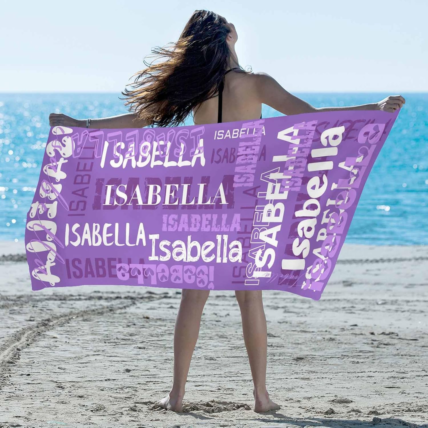 Custom Purple Beach Towel with Initial Text for Girls