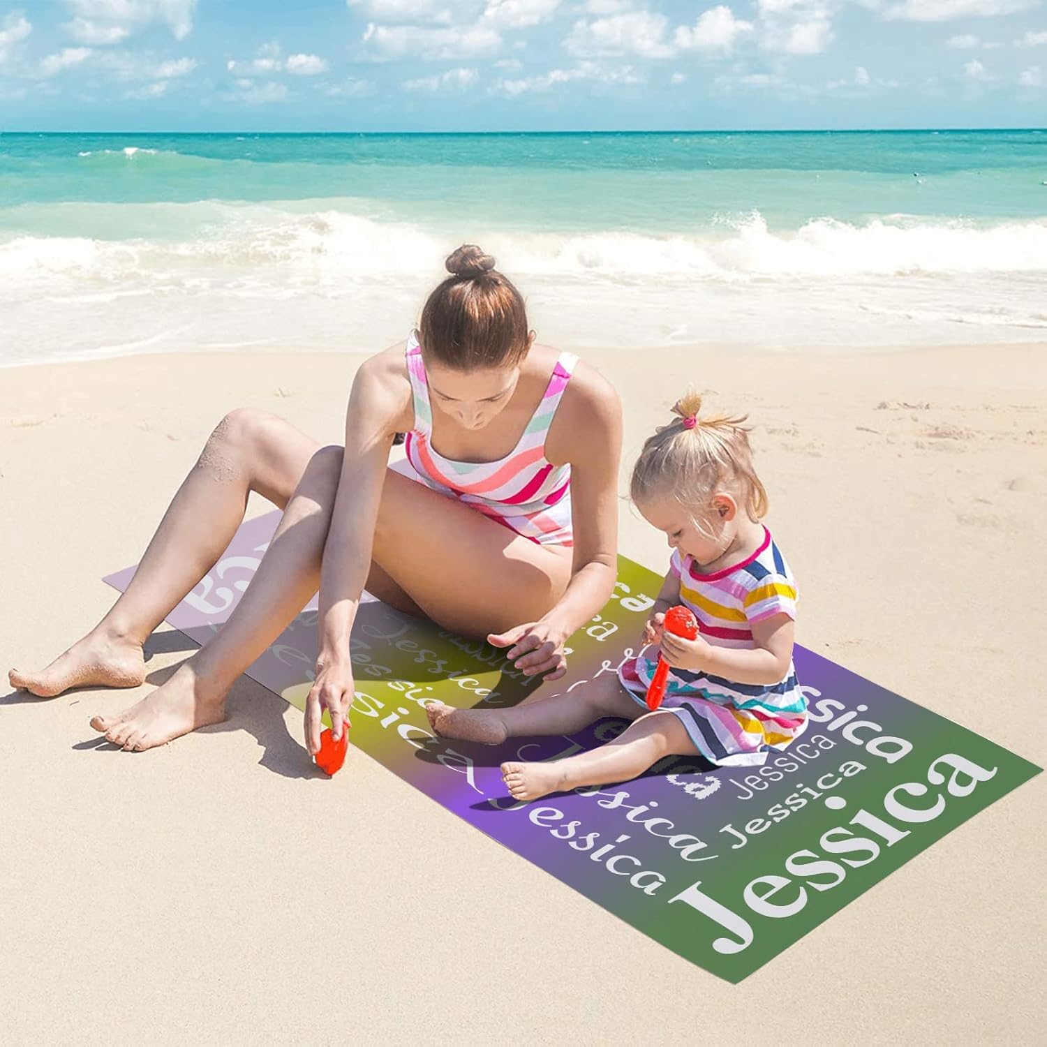XOZOTY Pink Yellow Purple Green Personalized Beach Towel