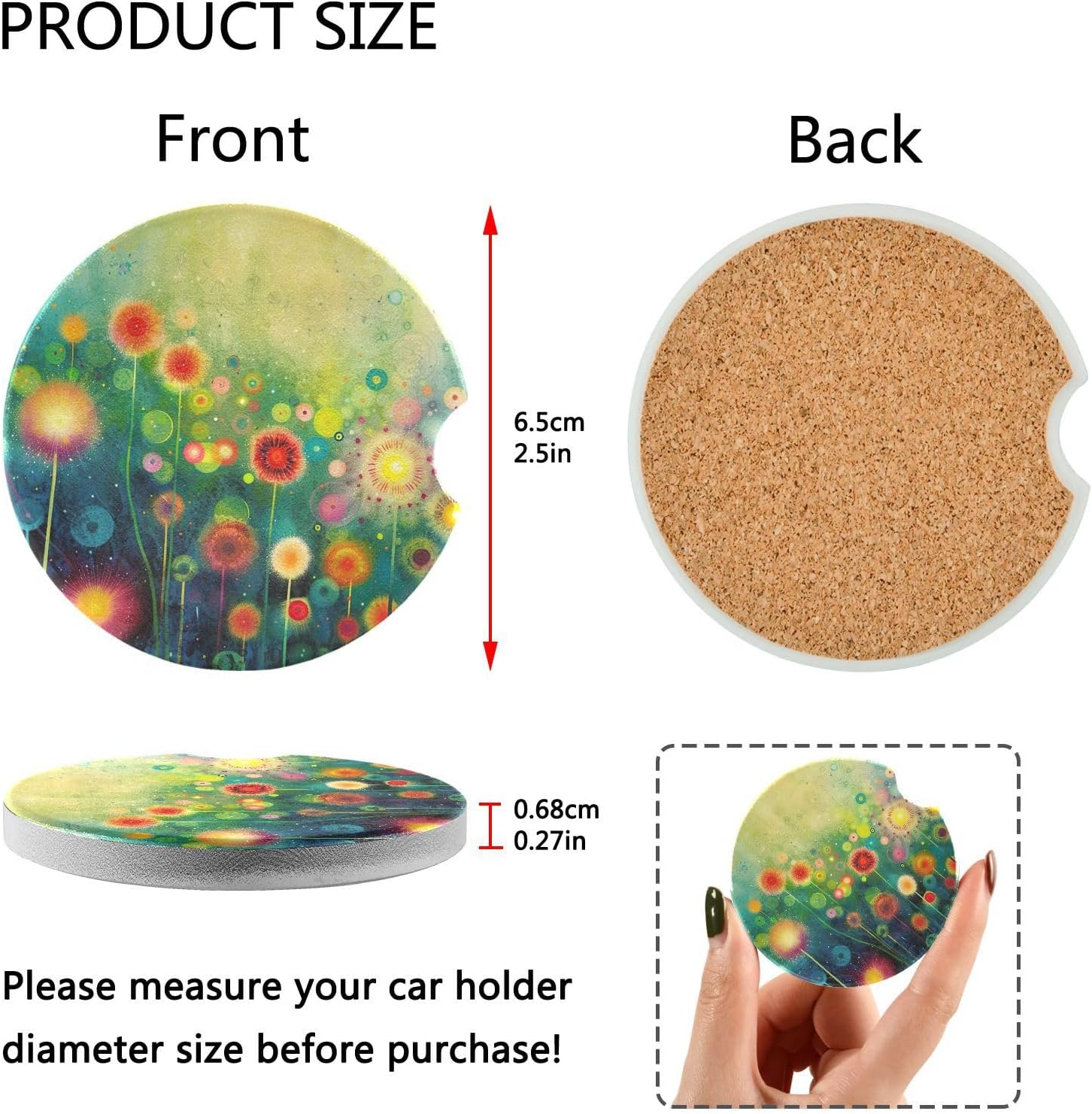 Watercolor Flowers Car Cup Holder Coasters 2 Pack