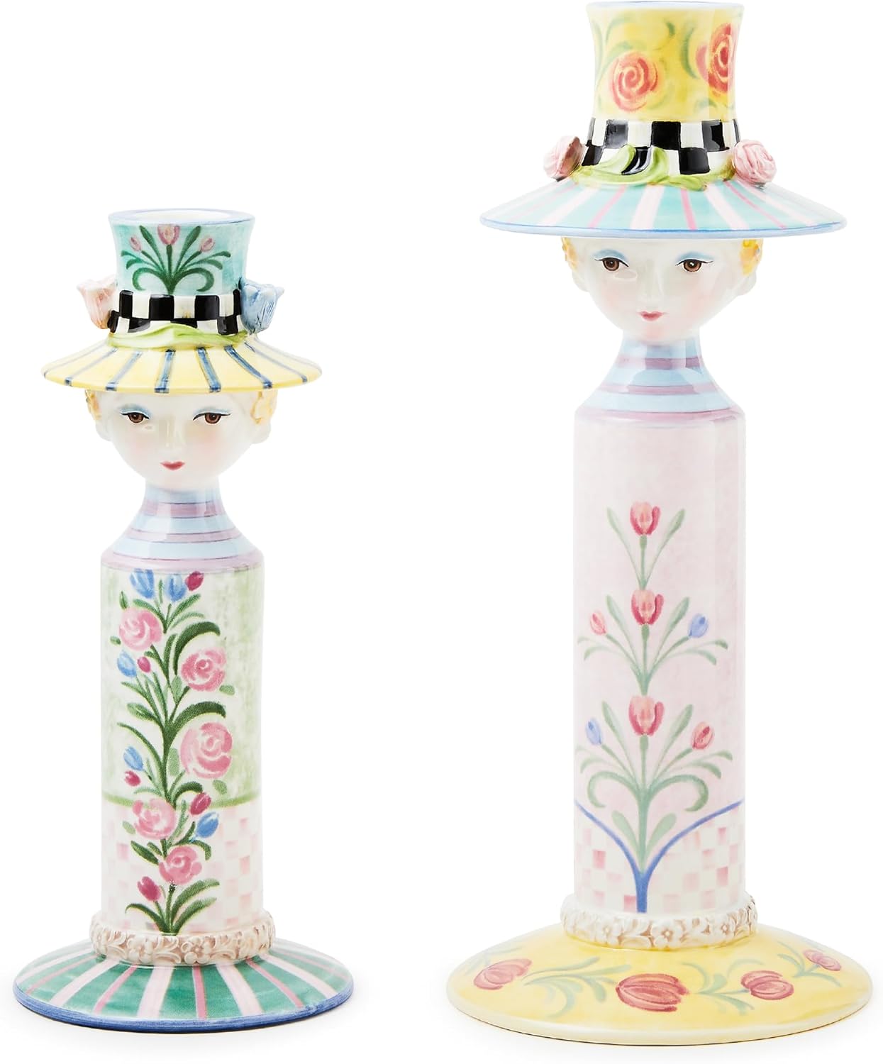 MACKENZIE-CHILDS Set of 2 Rosy Meadow Lady Ceramic Candle Holders