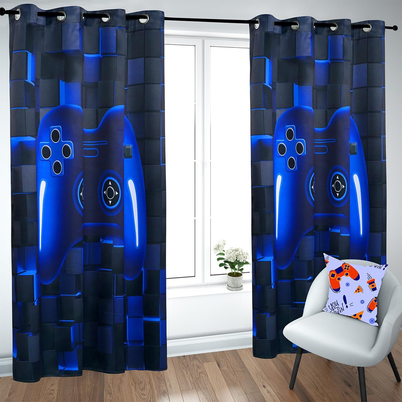PERFEMET Gamer Kids Curtains 2 Panels Black Blue