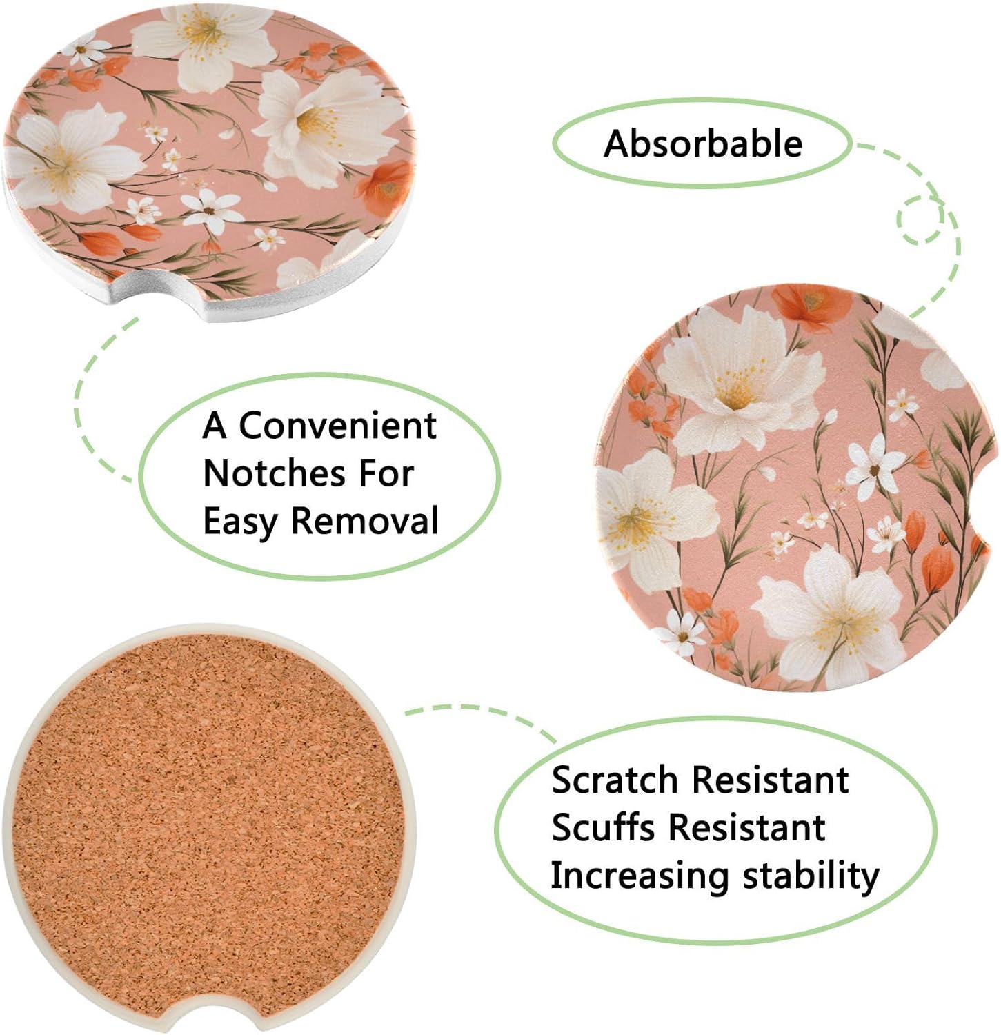 Takiito Flowers Car Cup Holder Coasters 2 Pack