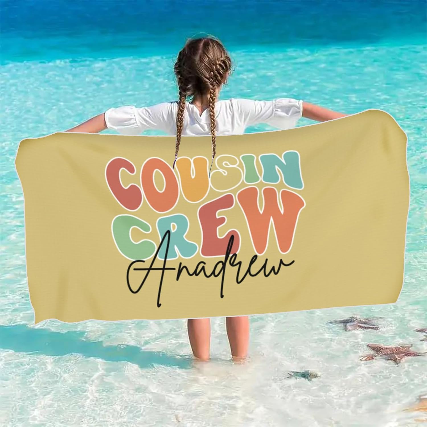 Personalized Name Kids Beach Towel with Cousin Crew Design