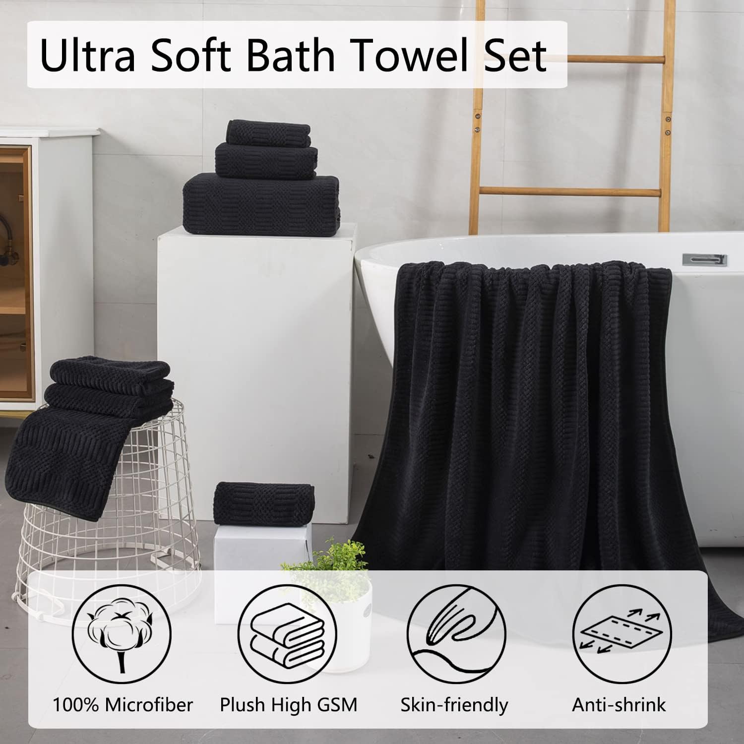 8 Piece Oversized Black Towel Set for Home Hotel Spa