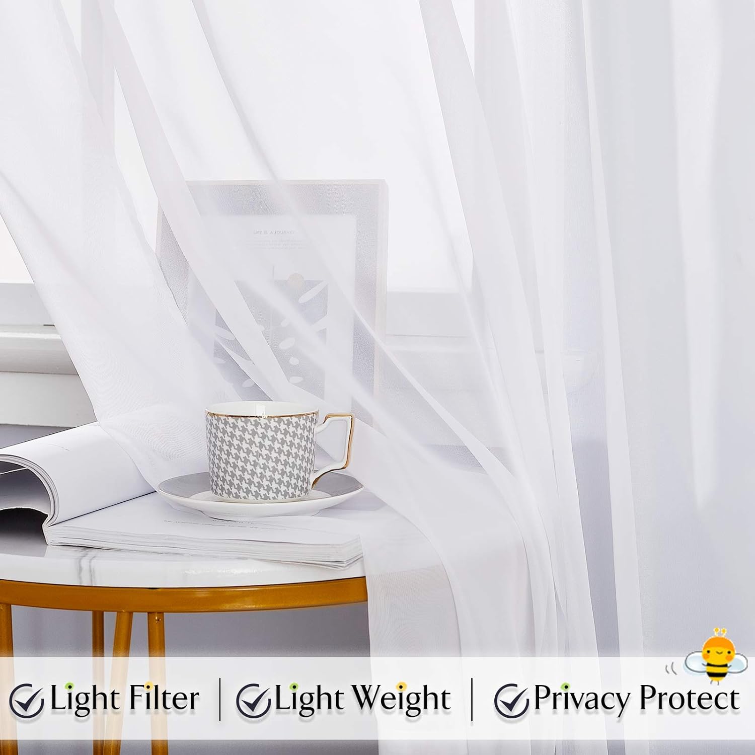 RYB HOME White Sheer Curtains for Canopy Bed 2 Panels
