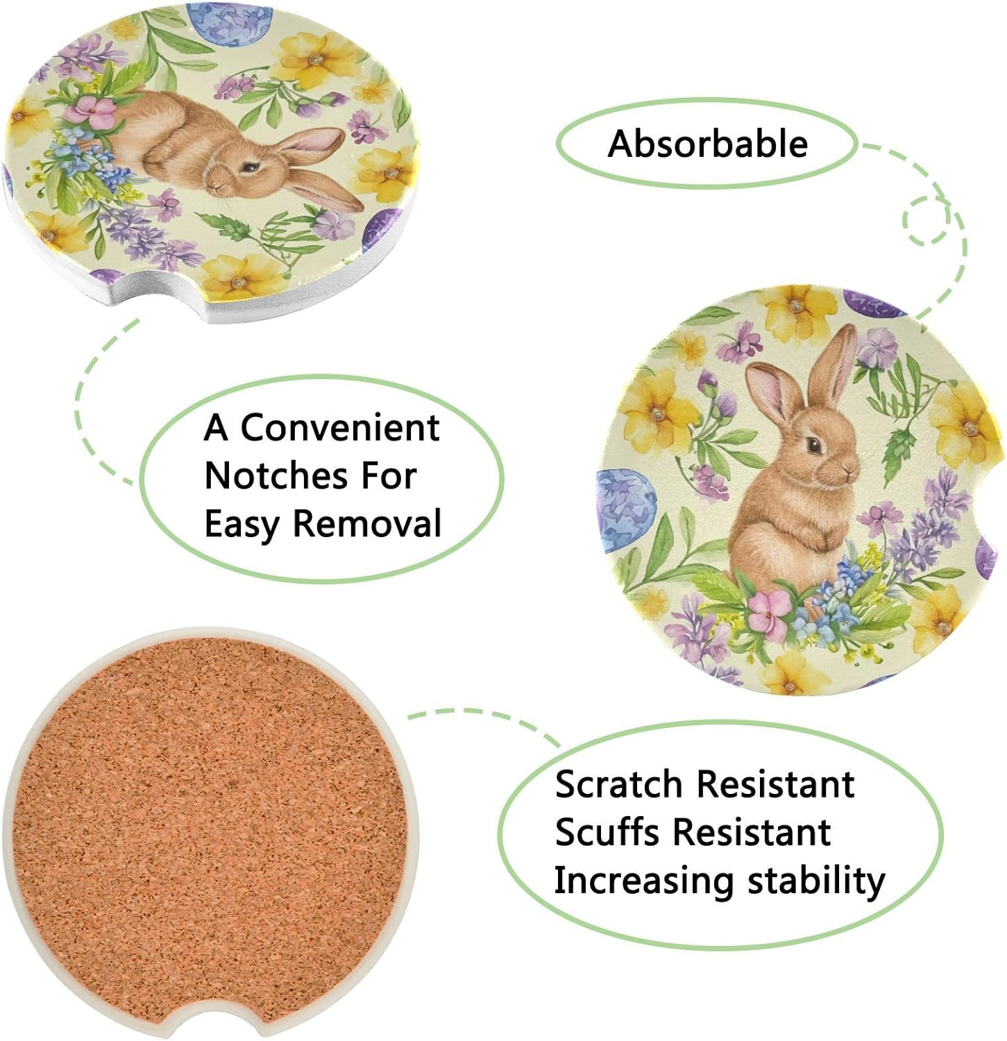 Easter Bunny Car Coasters 2 Pack - Ceramic Cork Base
