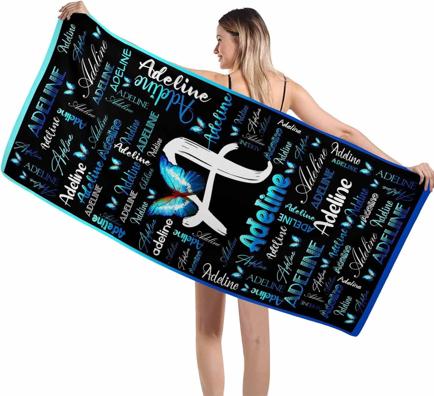 Artsadd Personalized Blue Butterfly Beach Towel with Initials