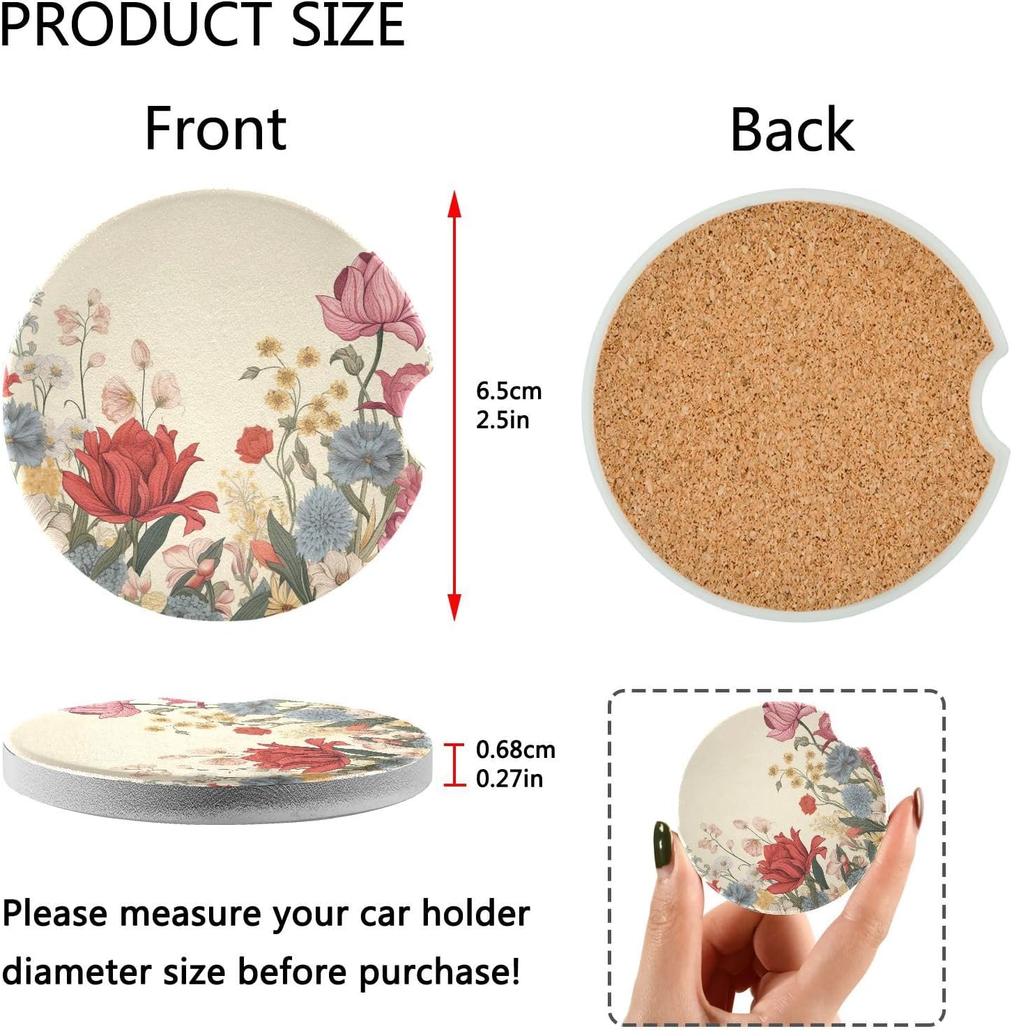 Retro Flowers Car Cup Holder Coasters 2 Pack