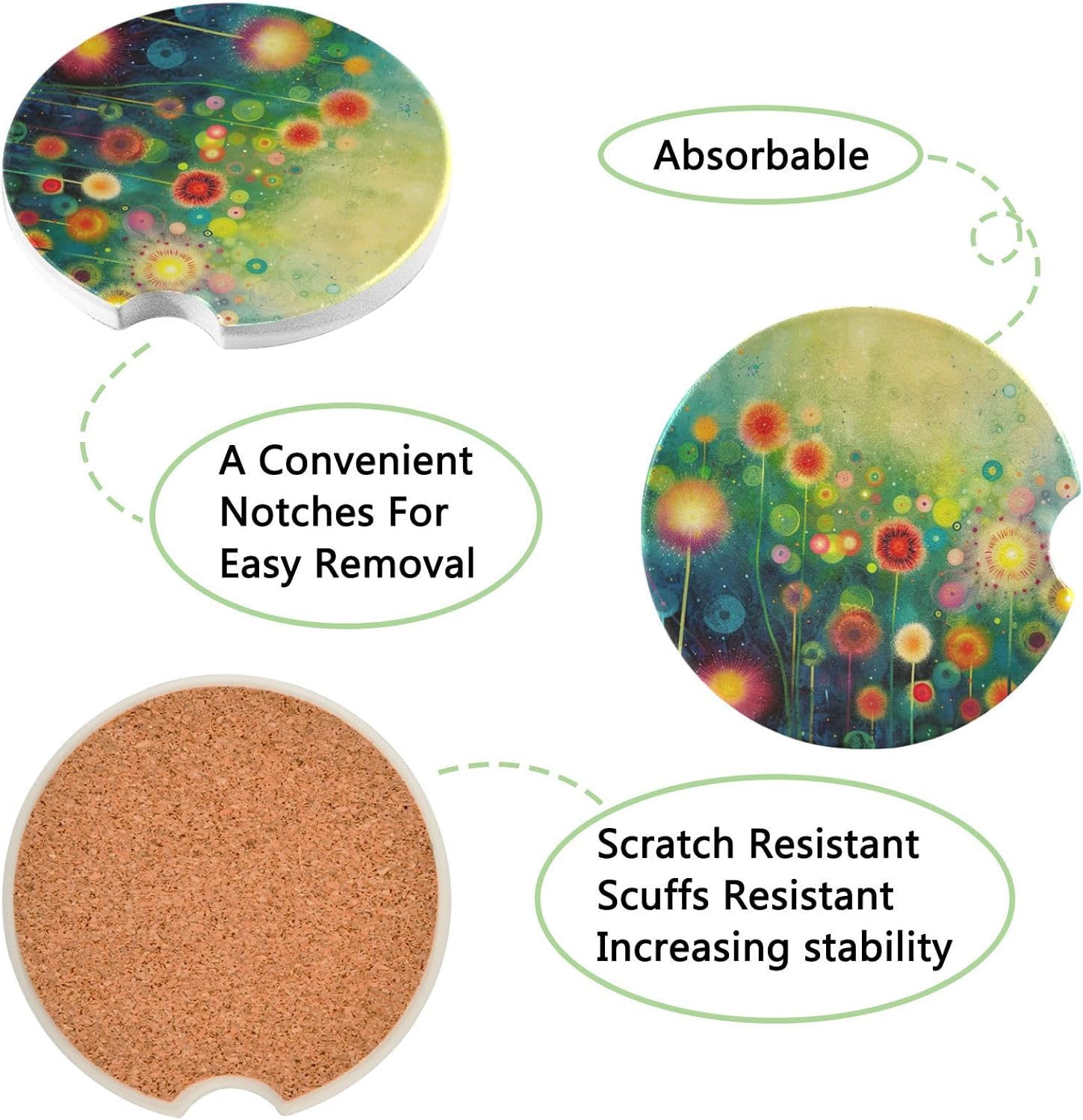 Watercolor Flowers Car Cup Holder Coasters 2 Pack