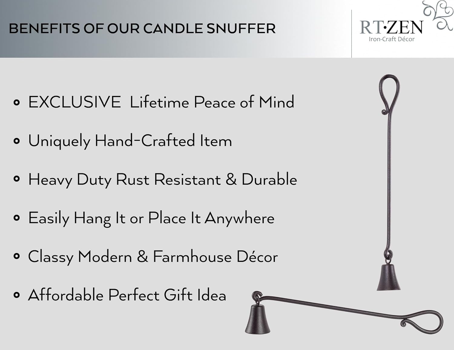 RTZEN Rustic Bell Candle Snuffer - Unique Black Matte Wrought Iron