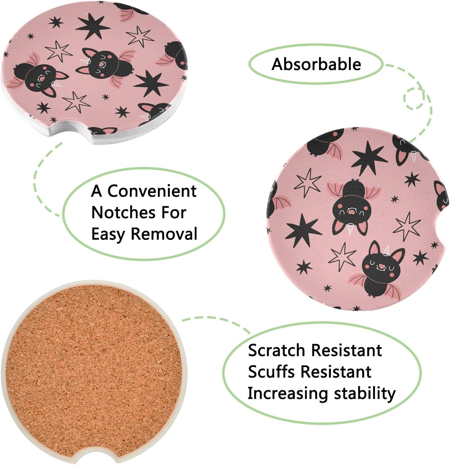 Halloween Bats Car Coasters 2 Pack - Ceramic Cork Base 1