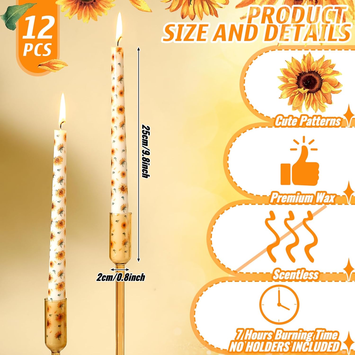 12 Pcs Taper Candles with Sunflower Design for Christmas Celebrations