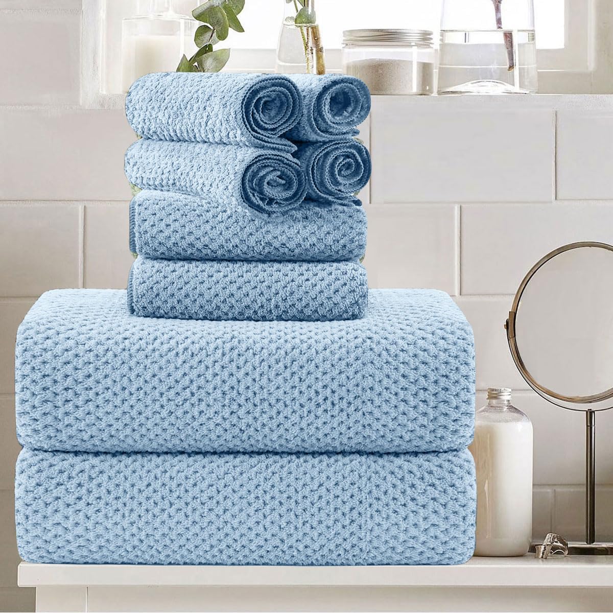 8 Piece Blue Family Towel Set - Large Bath Towels Hand Towels Washcloths