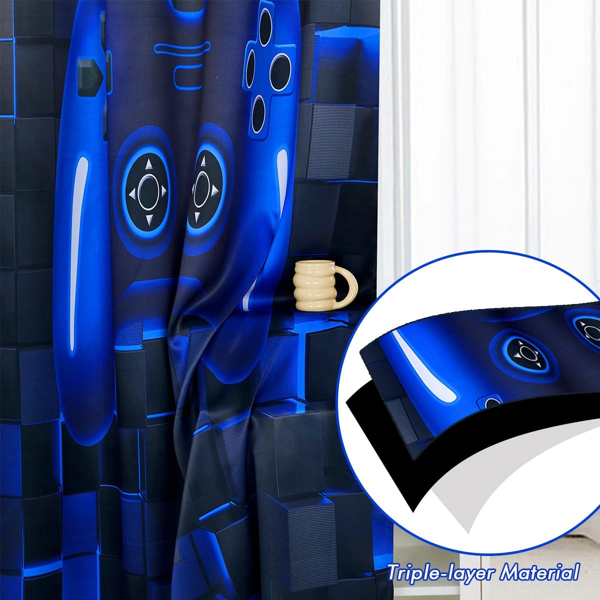 PERFEMET Gamer Kids Curtains 2 Panels Black Blue