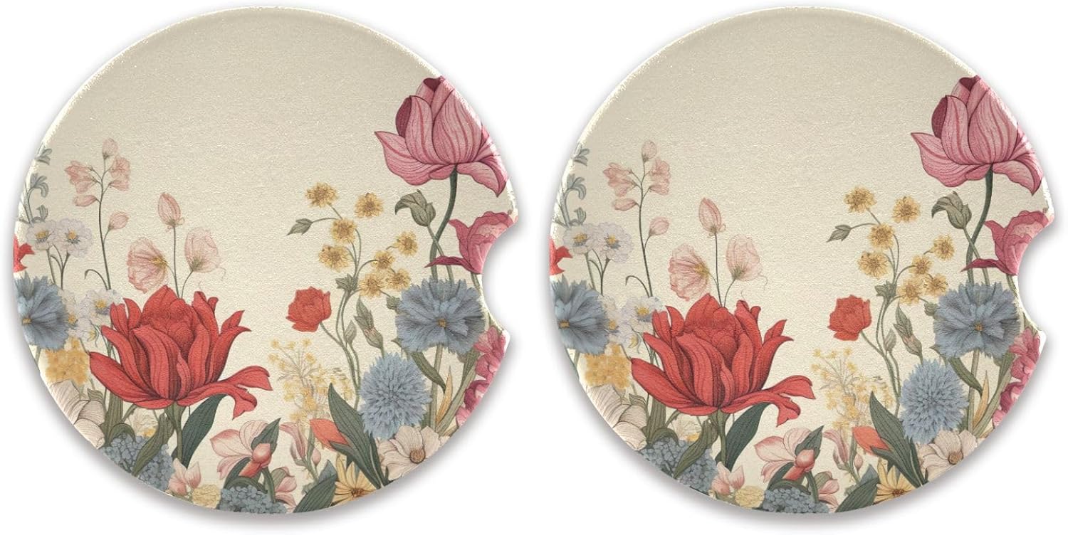 Retro Flowers Car Cup Holder Coasters 2 Pack