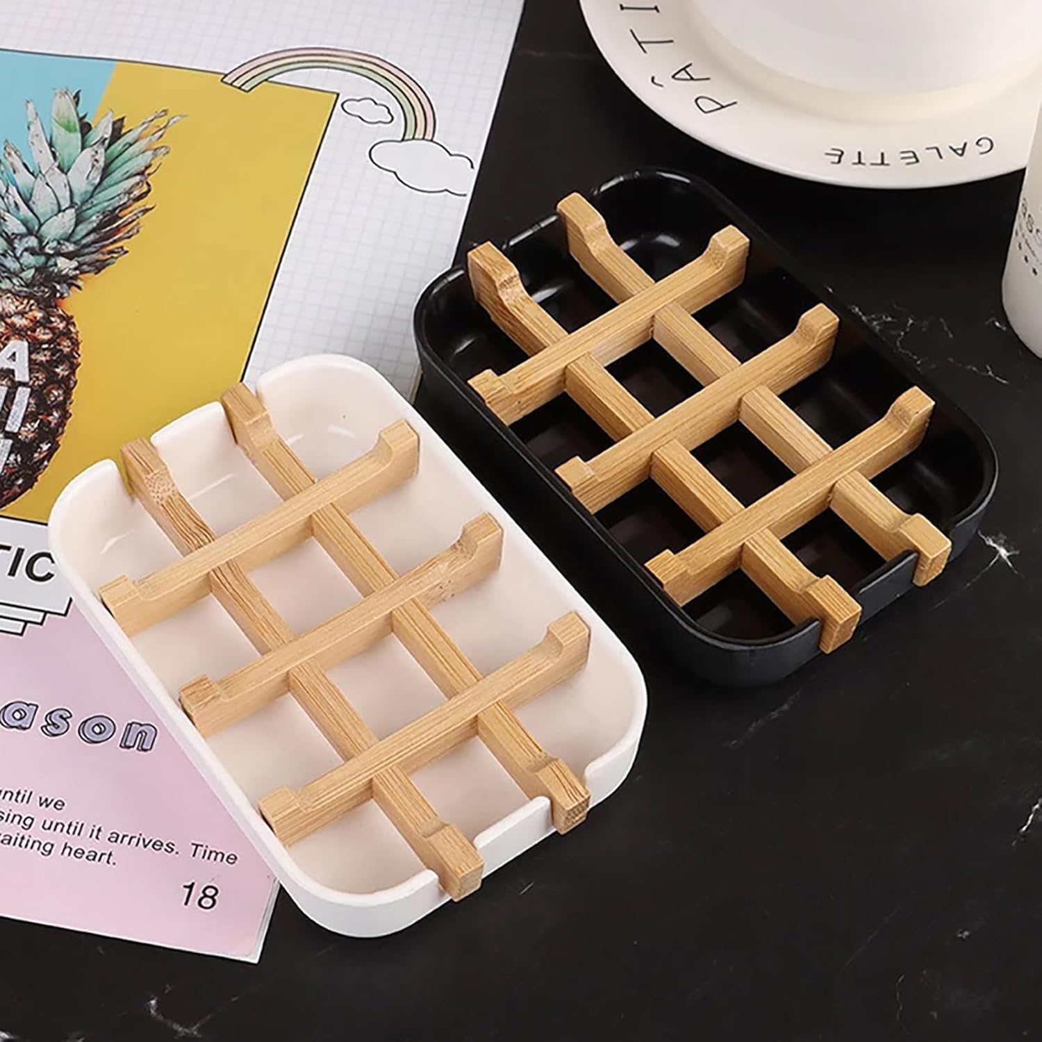 Meokro Soap Dish with Wooden Holder and Tray for Bathroom Storage