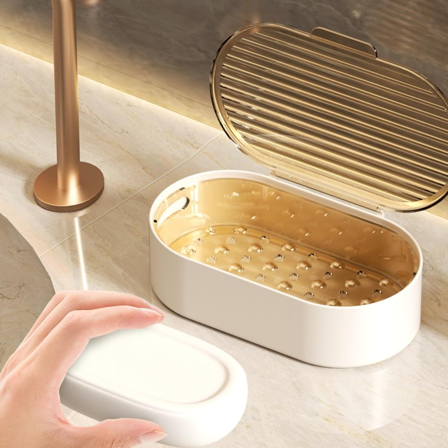 Elegant Grey Soap Dish with Drain and Lid 1