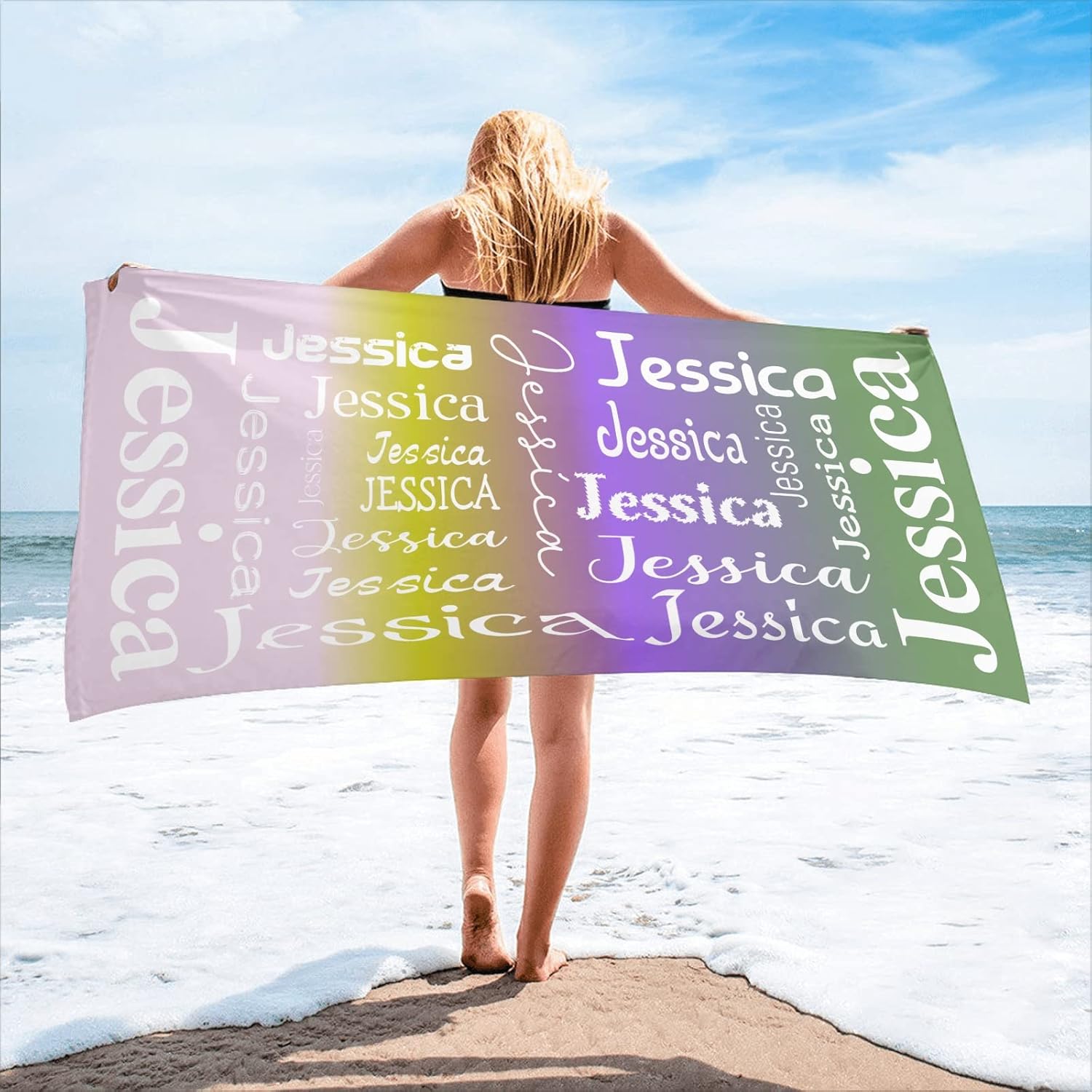 XOZOTY Pink Yellow Purple Green Personalized Beach Towel