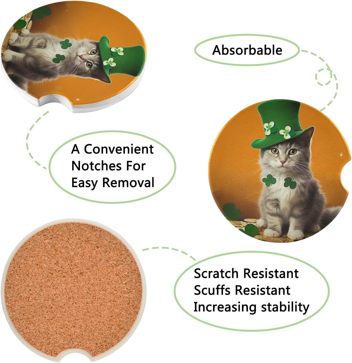 St Patrick Cat Car Cup Holder Coasters 2 Pack