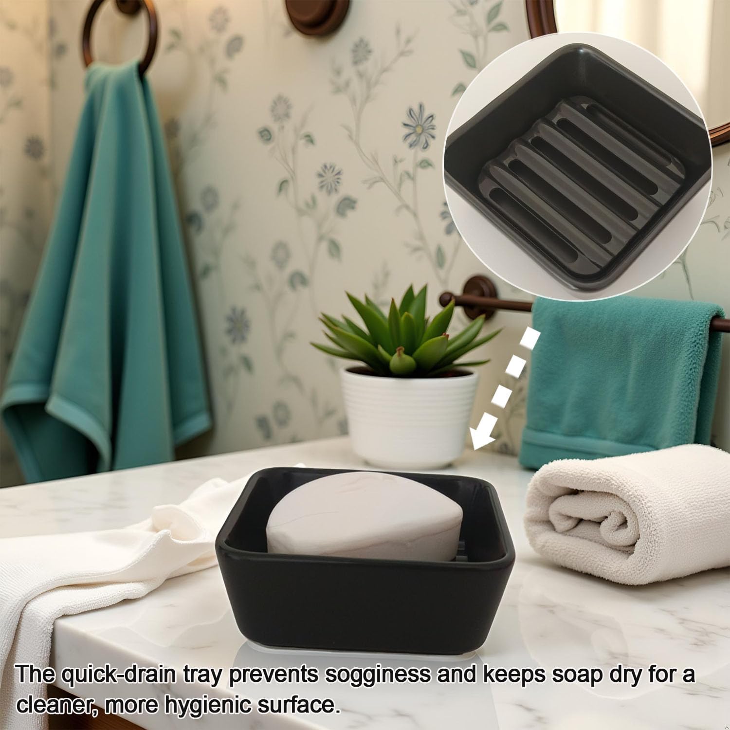 Vonpri Ceramic Soap Dish Square Drainage Holder for Bathroom and Kitchen