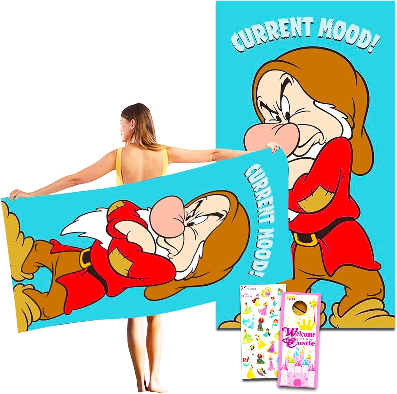 Disney Snow White Grumpy Beach Towel Set with Stickers