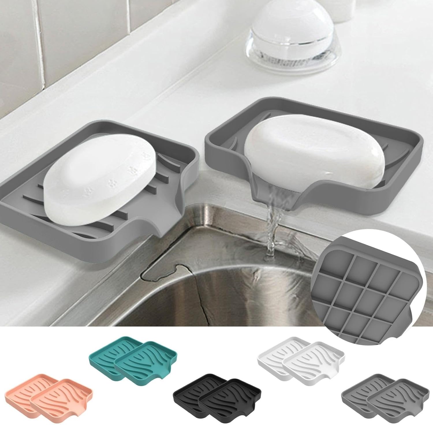Silicone Soap Dish with Drain Spout 2pcs Black