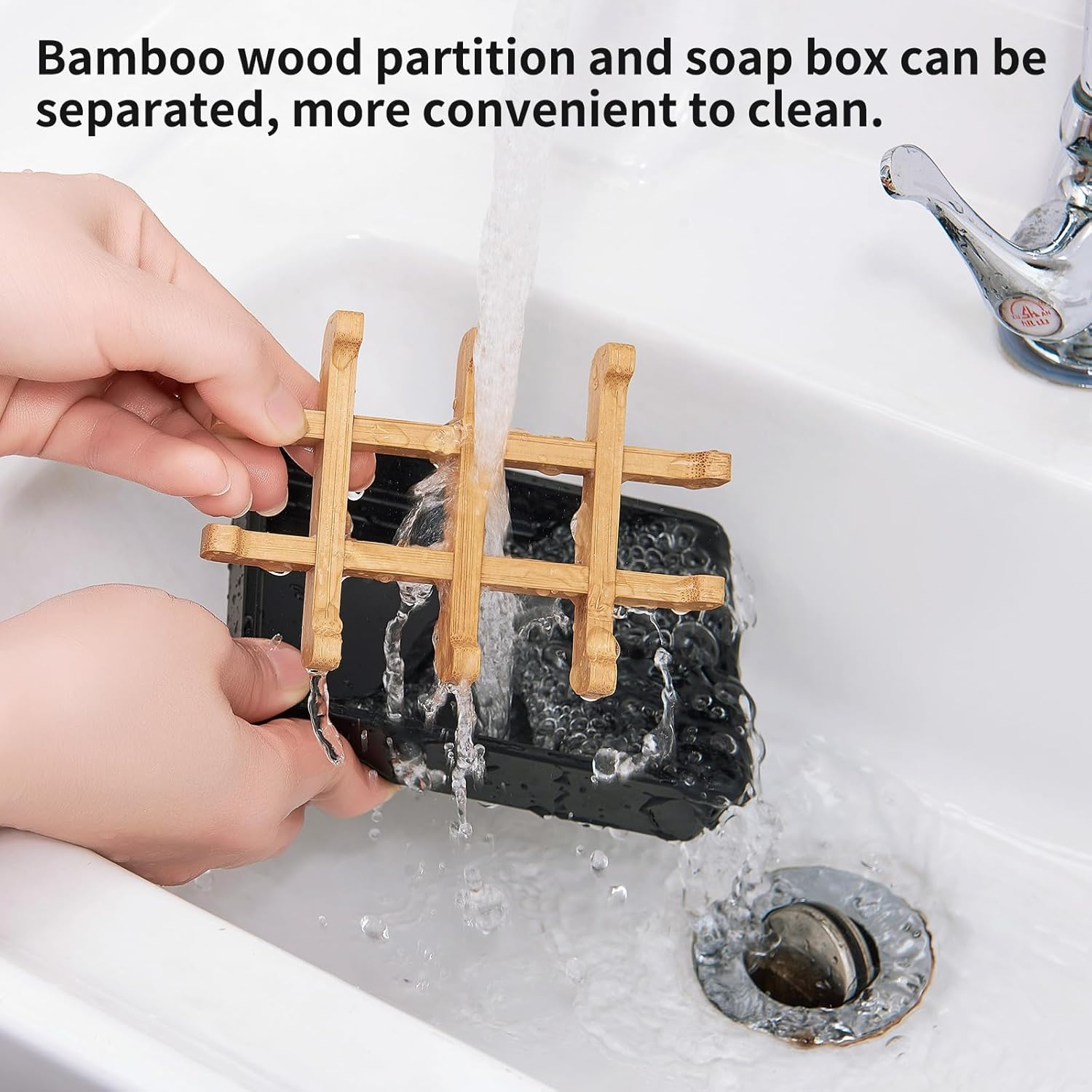 Bamboo Soap Dish with Anti-Slip Pads and Four Compartments