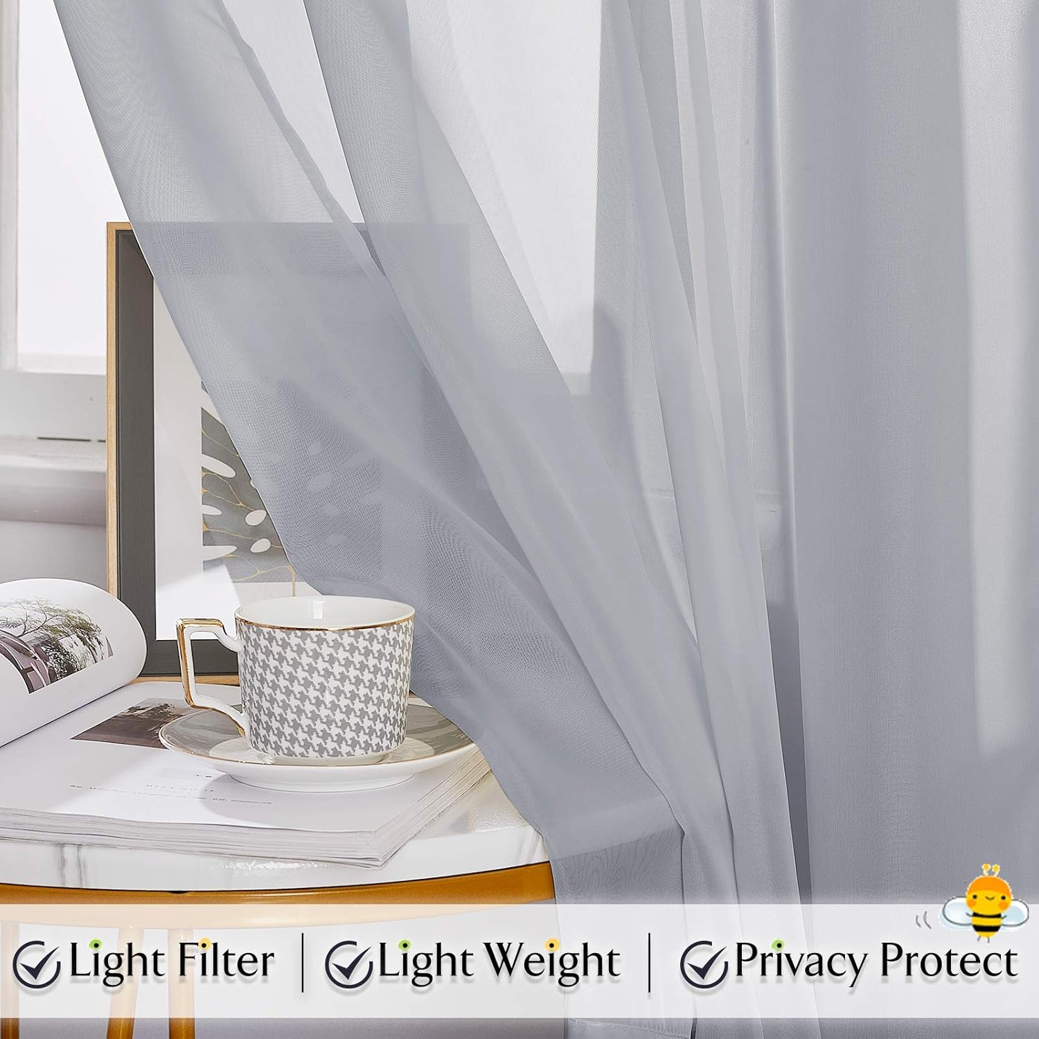 RYB HOME Sheer Curtains Valance 2 Panels 60x216 Inch Dove Grey