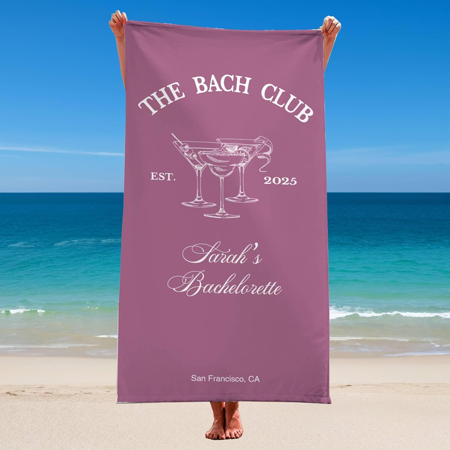 Personalized Bridesmaid Beach Towel with Name Location