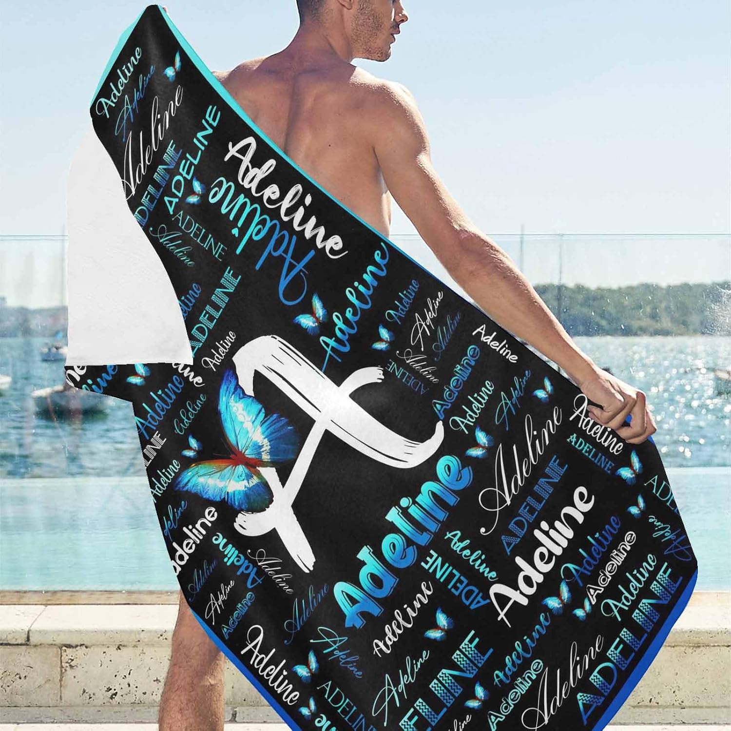 Artsadd Personalized Blue Butterfly Beach Towel with Initials