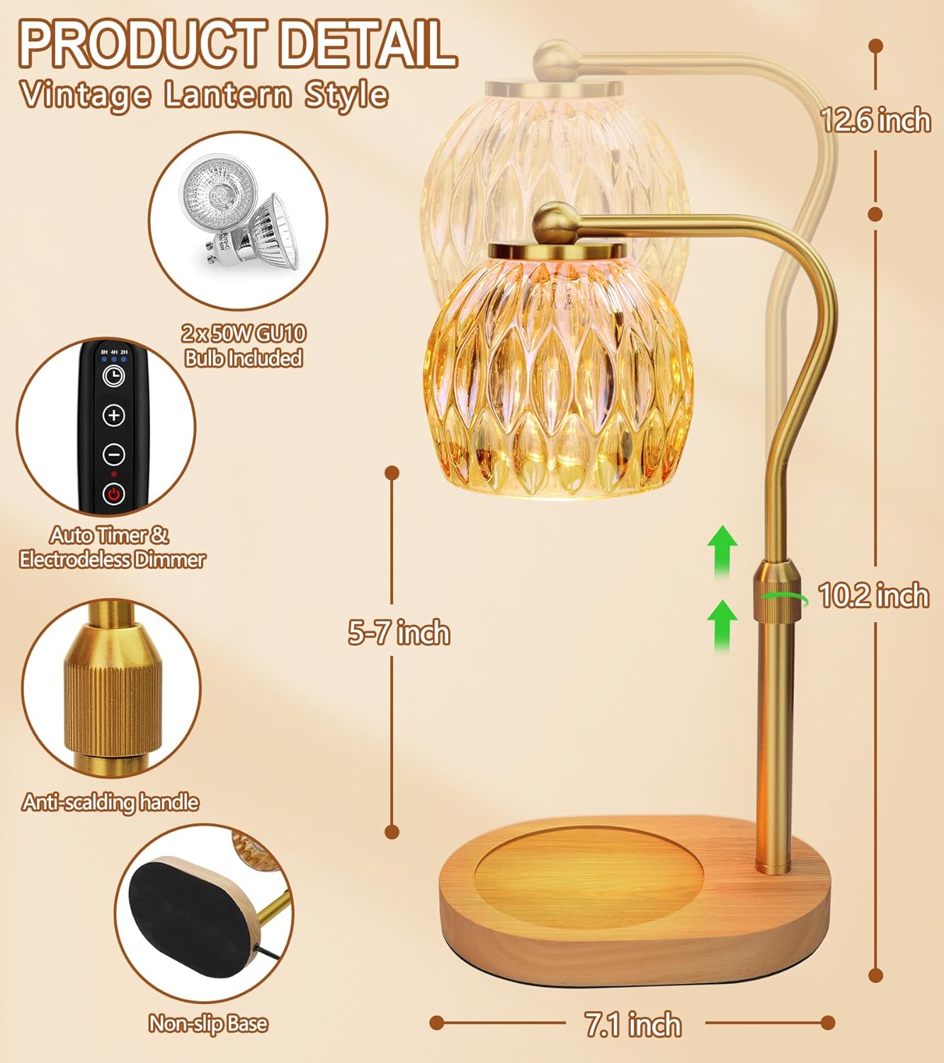 Elegant Adjustable Gold Candle Warmer Lamp with Timer Dimmer