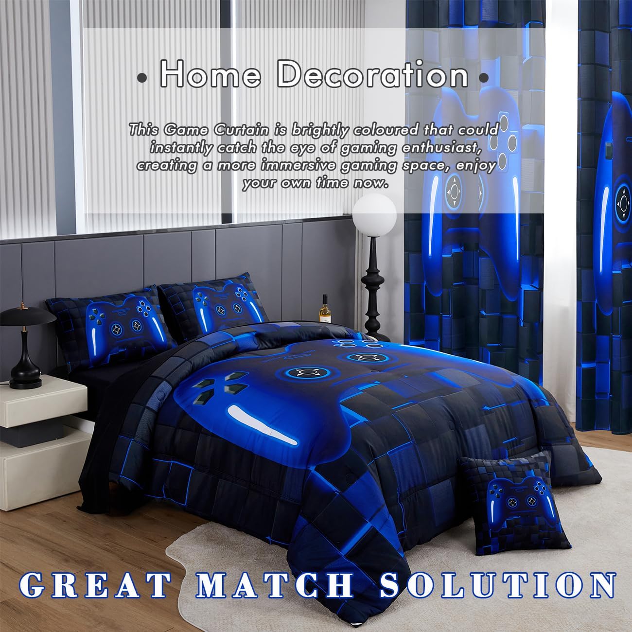 PERFEMET Gamer Kids Curtains 2 Panels Black Blue