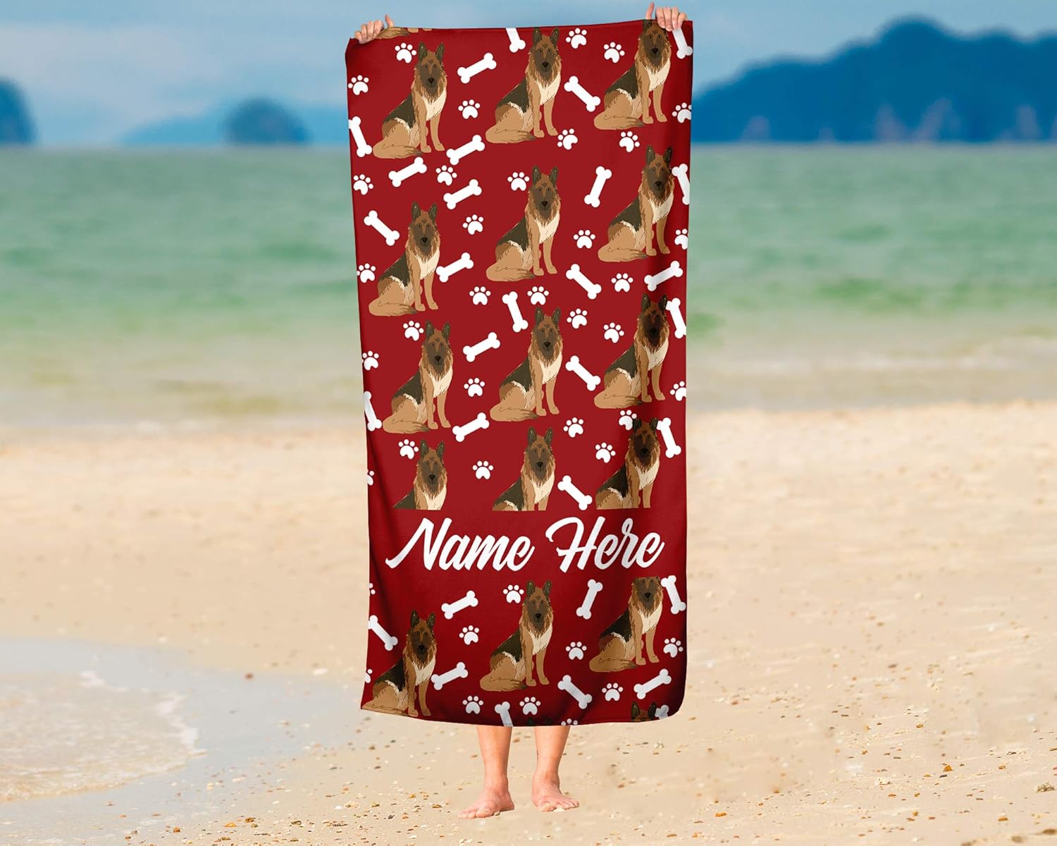 Personalized Brown German Shepherd Beach Bath Towel - Large Medium