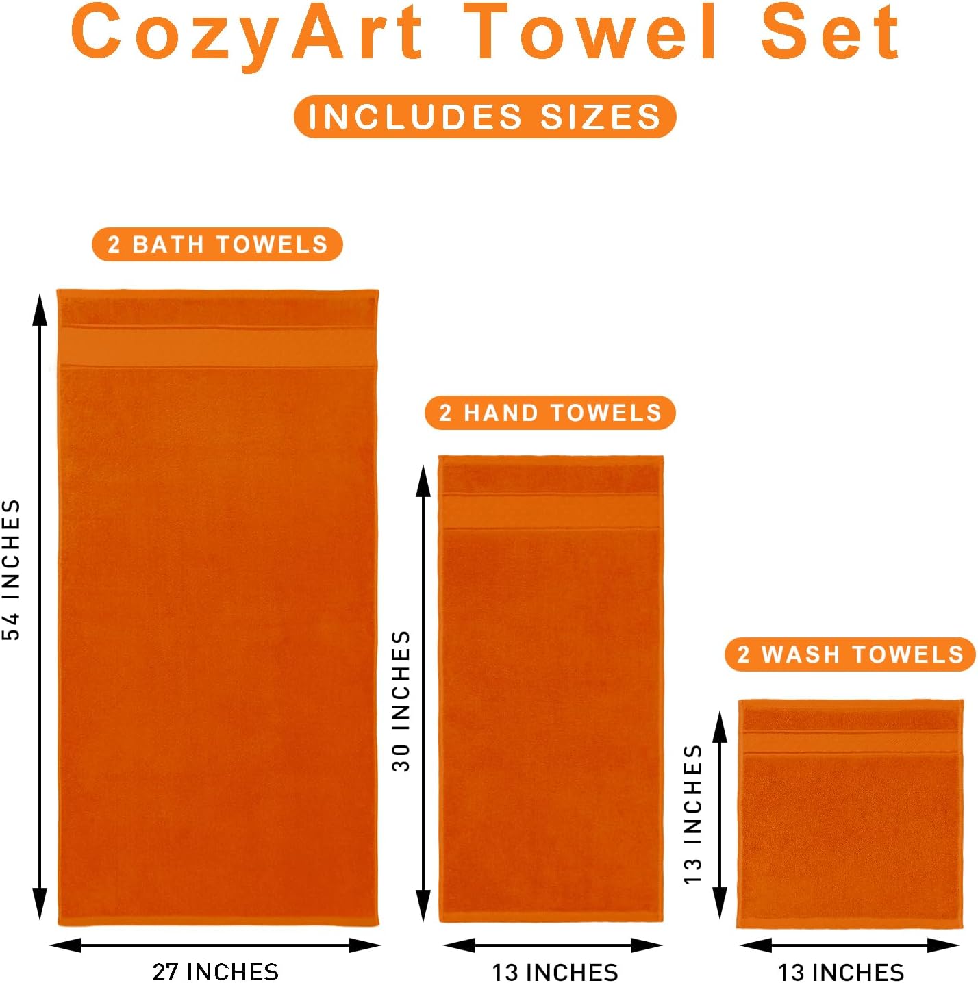 COZYART 6-Piece Orange Bath Towel Set