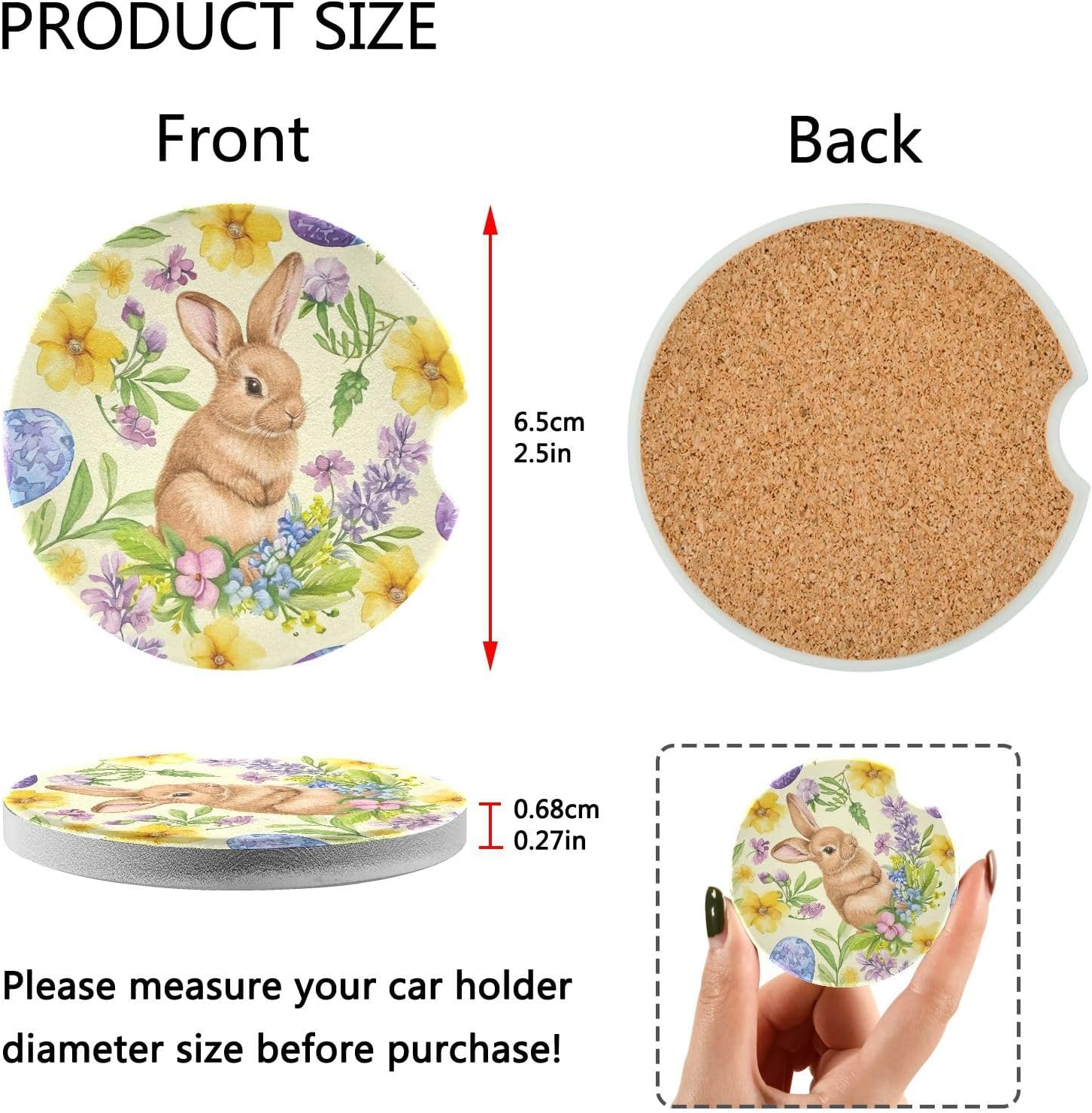 Easter Bunny Car Coasters 2 Pack - Ceramic Cork Base