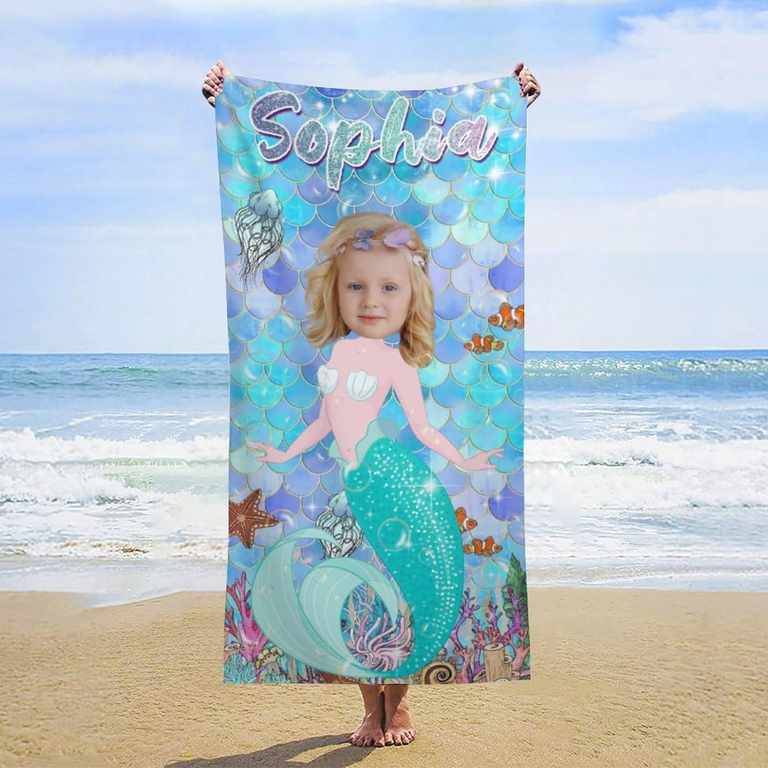 Personalized Mermaid Beach Towels for Kids Custom Name and Photo