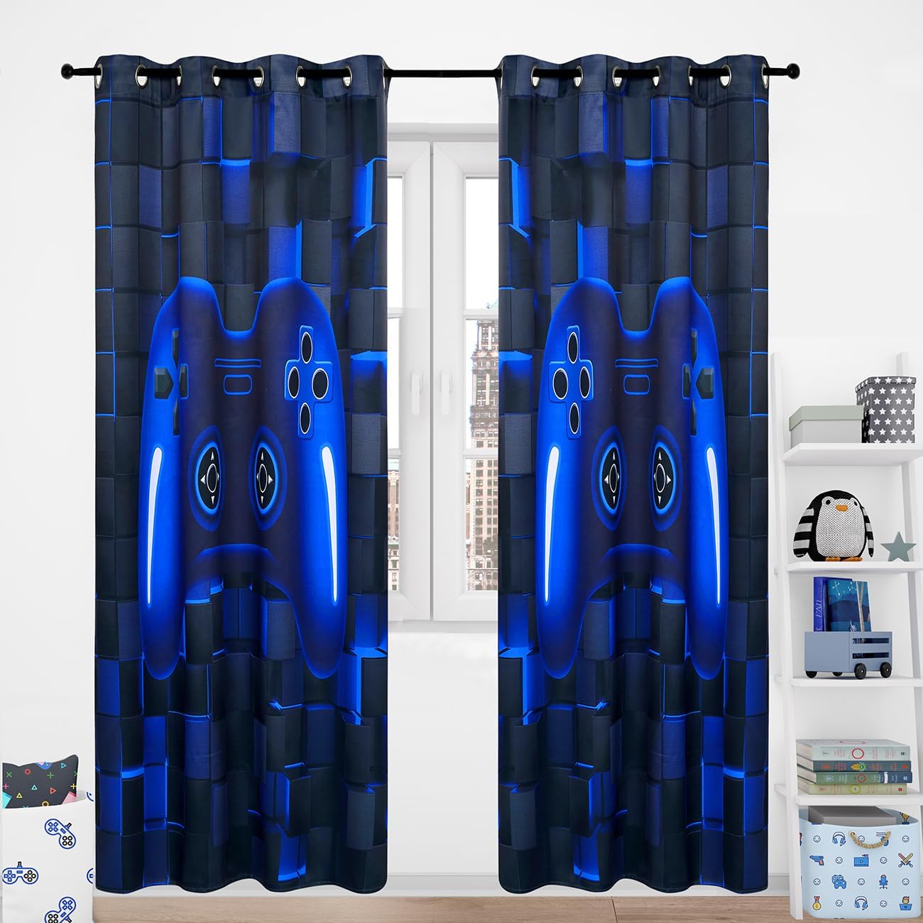 PERFEMET Gamer Kids Curtains 2 Panels Black Blue