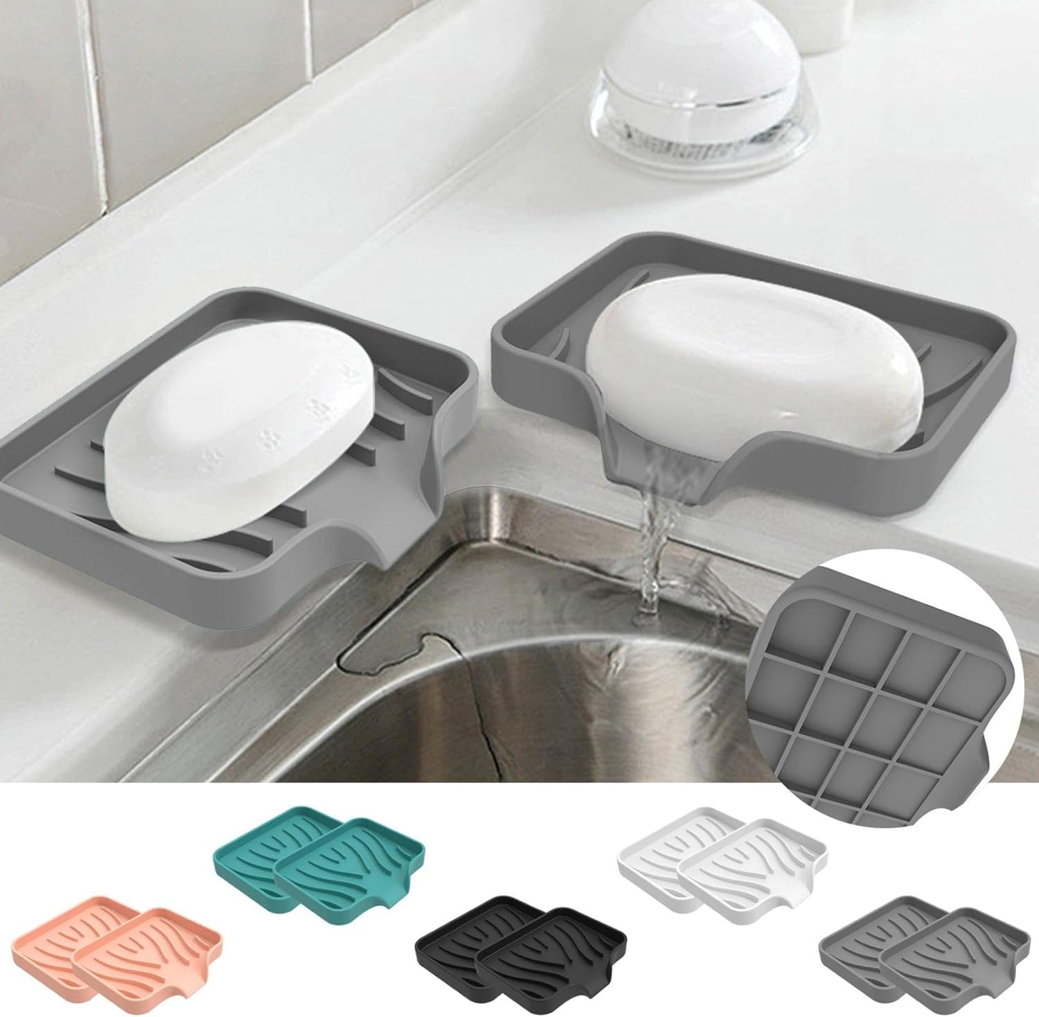 2PCS Silicone Soap Dishes with Drain Grey
