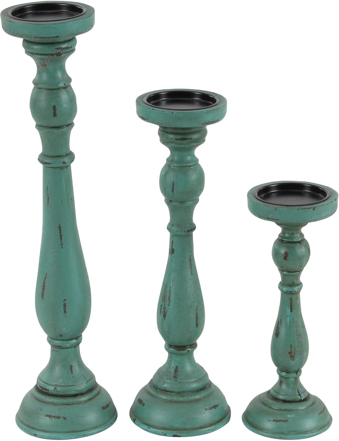 Wood Teal Candle Holders Set of 3 Blue Green
