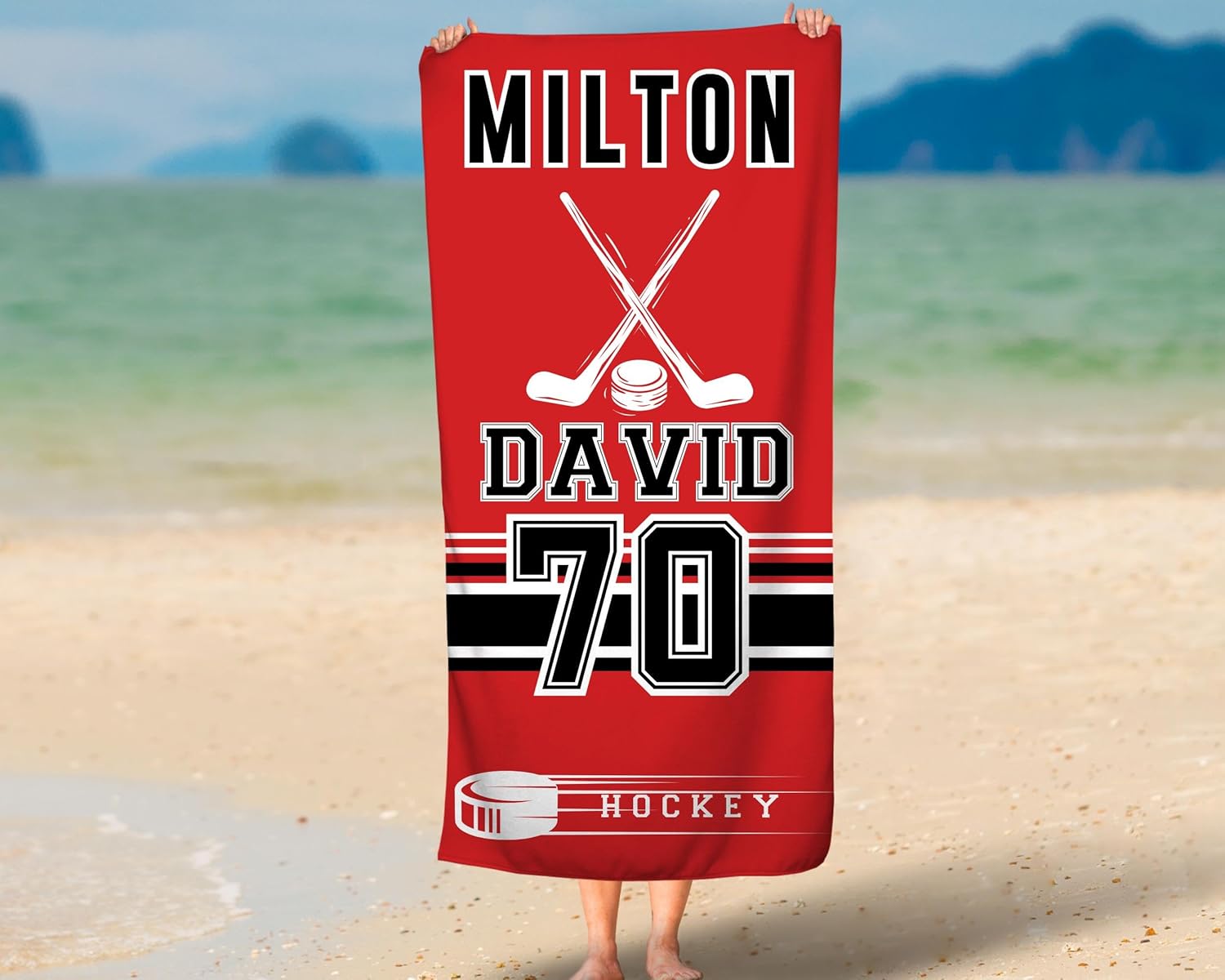 Personalized Hockey Team Beach Towel Custom Dad Mom Gift Sports Fan Towel
