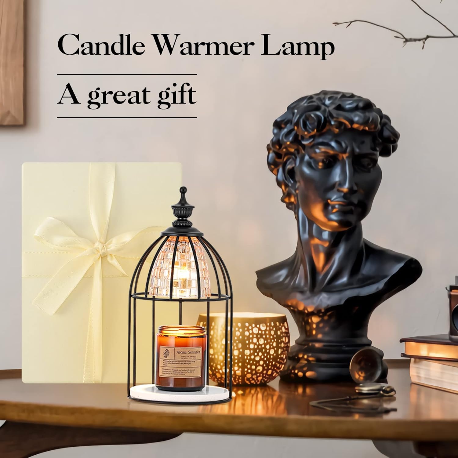 Swokazoe Candle Lamp Gold Frame Night Light with Aromatherapy