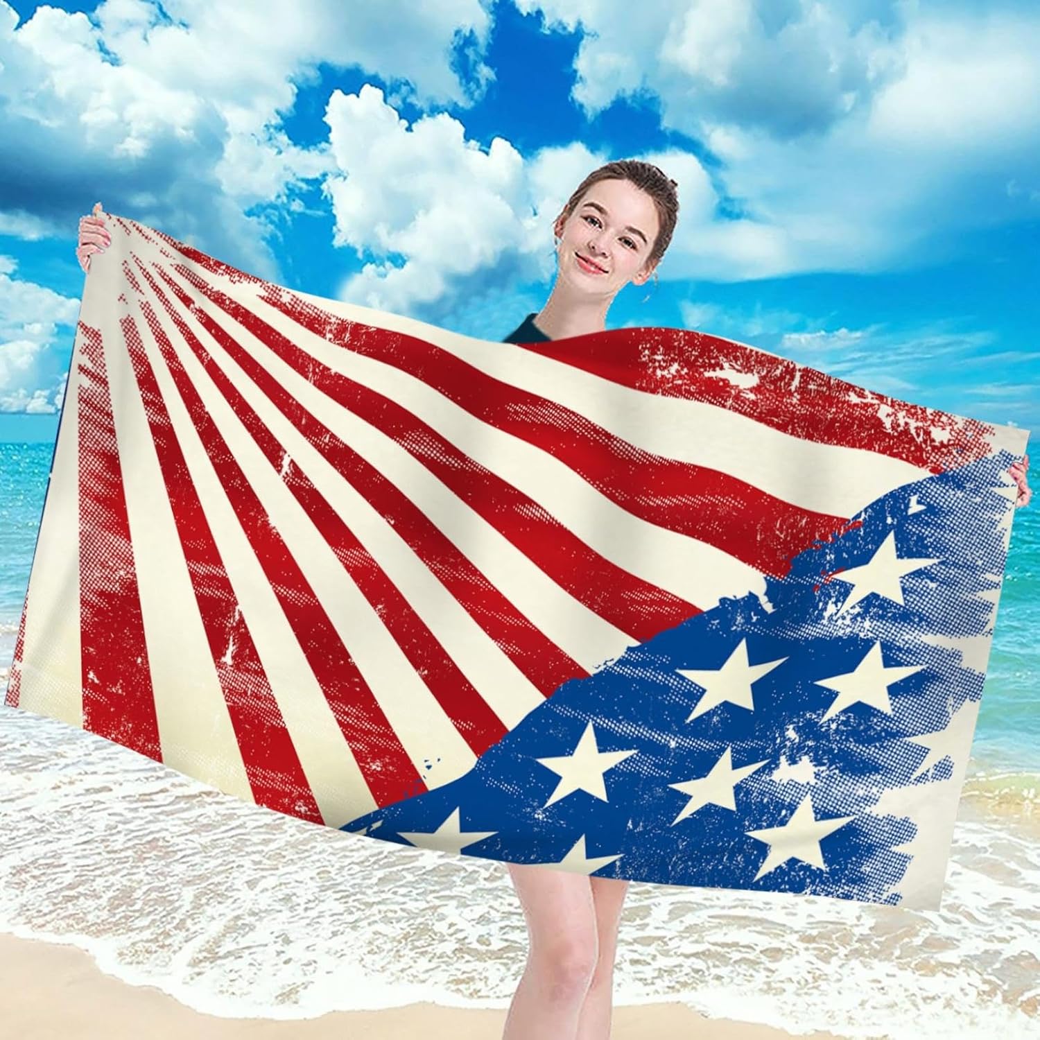 Aufmer American Flag Beach Towel - Lightweight Sandproof 27x55 Inch