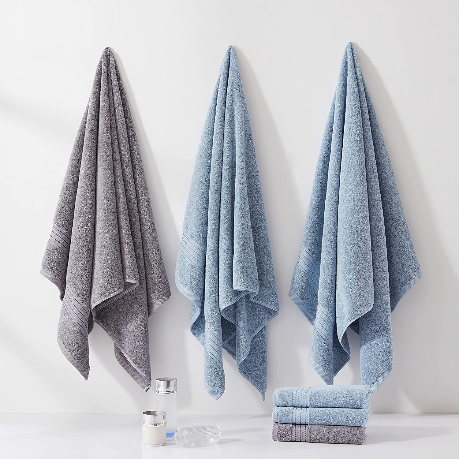 COZYART 3Pcs Light Blue Turkish Cotton Towel Set