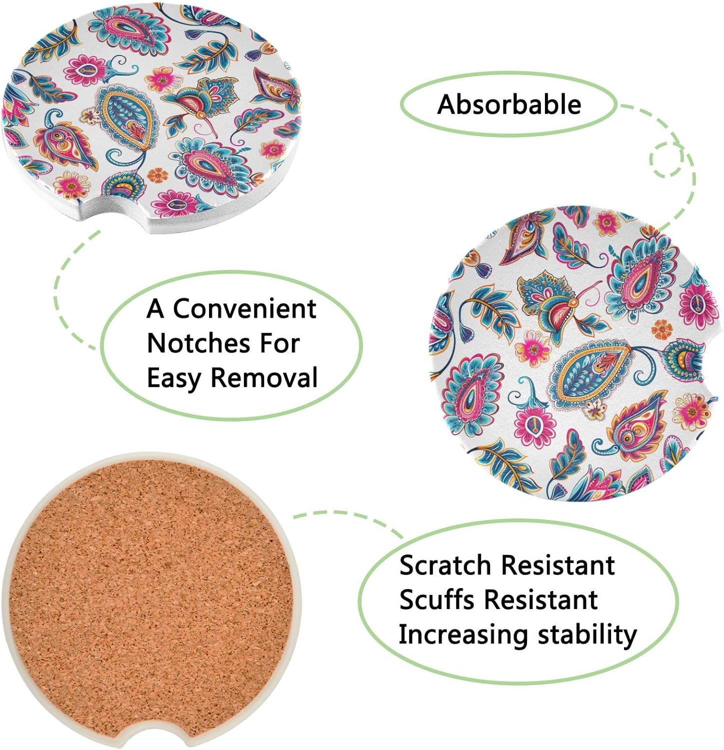 Takiito Paisley Flower Car Coasters 2 Pack 1