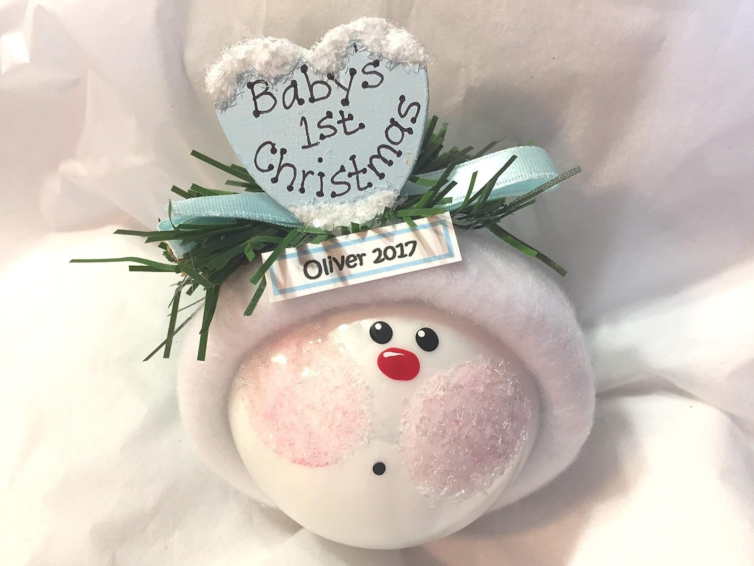 Baby Boy First Christmas Ornament Blue Wood Heart Handmade 1