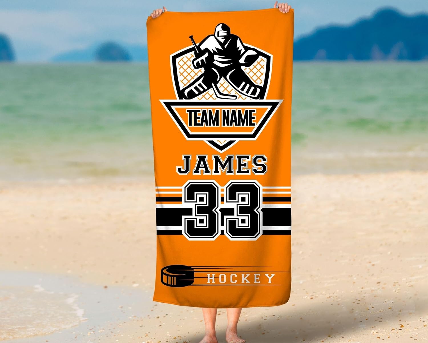 Personalized Hockey Team Beach Towel Custom Dad Mom Gift Sports Fan Towel