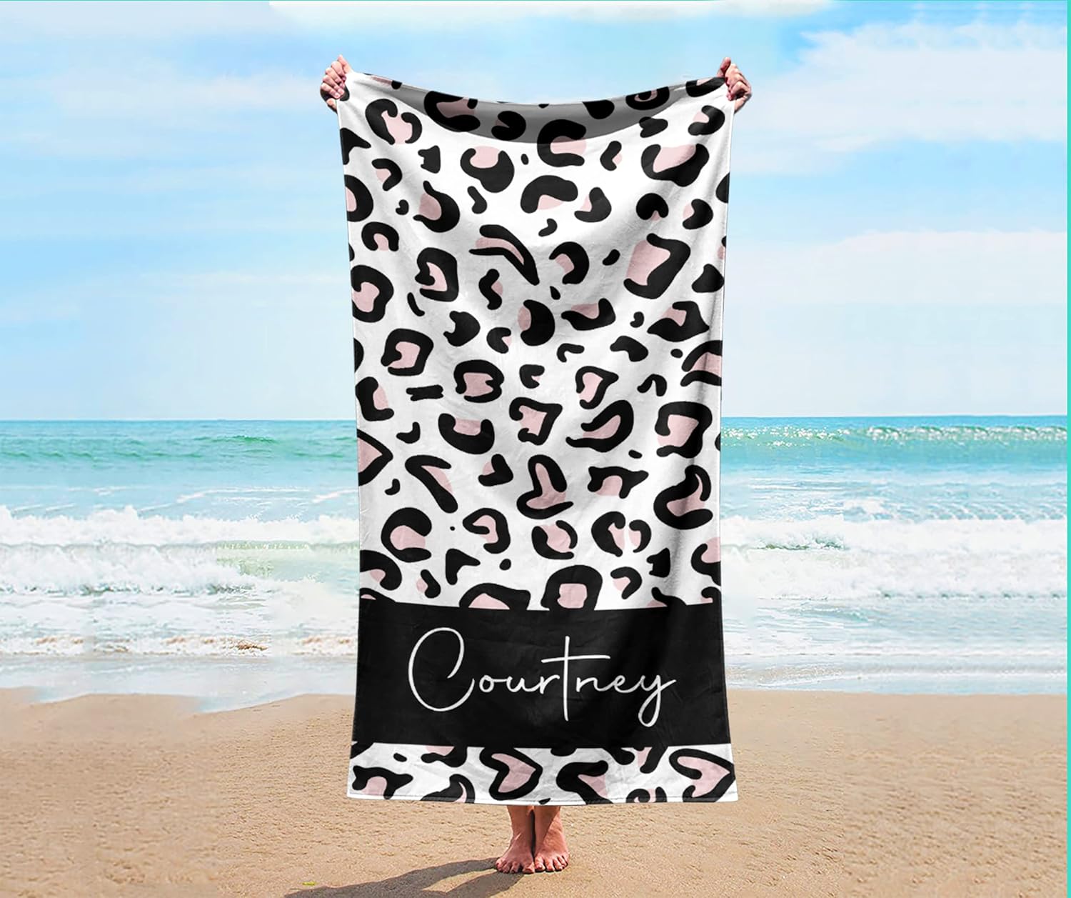 Custom Beach Towel - Leopard Print Cotton Poly Blend 30x60 Inch Personalized Name Initials