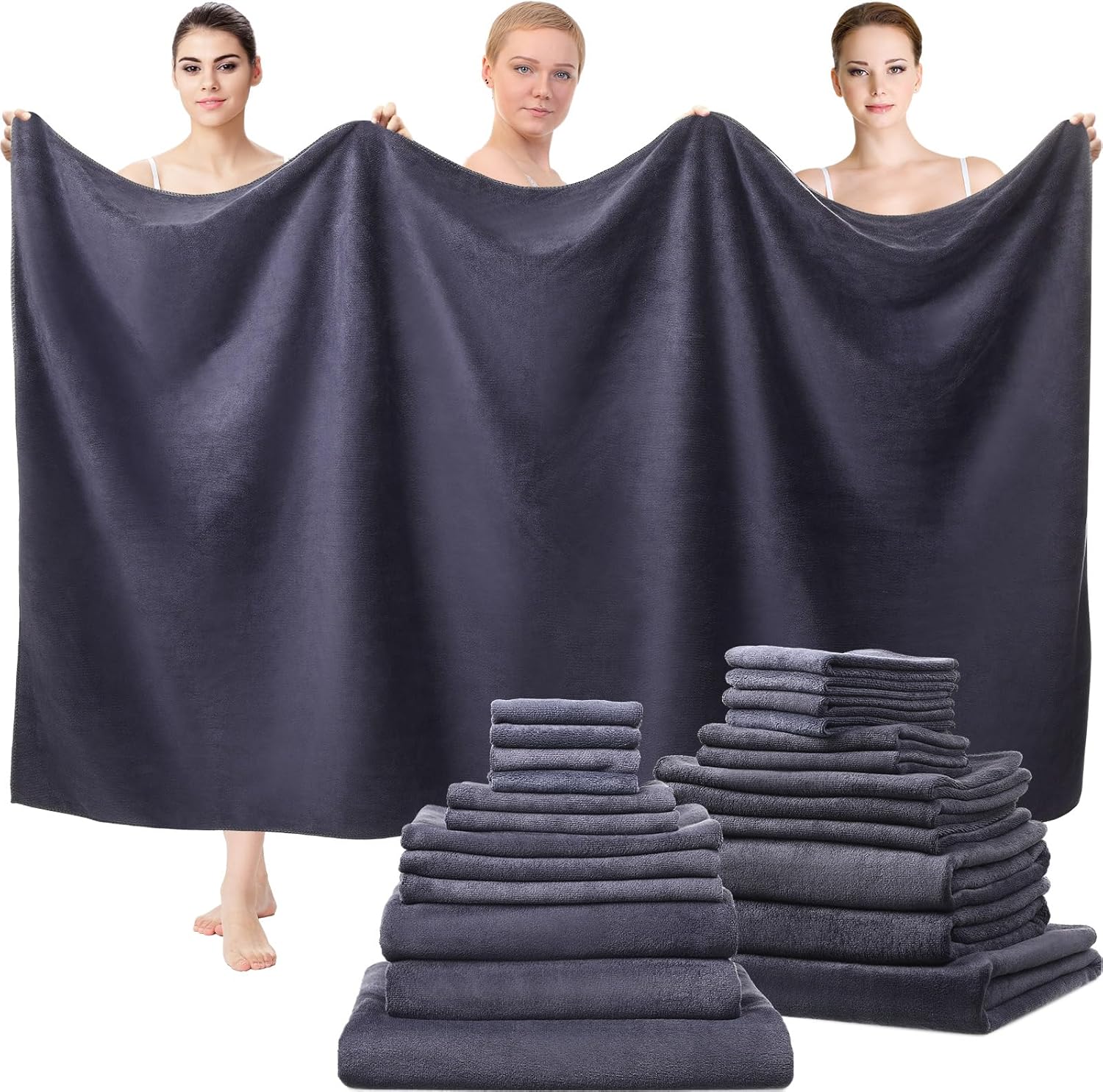 Mixweer 24-Piece Bath Towel Set Dark Grey Microfiber