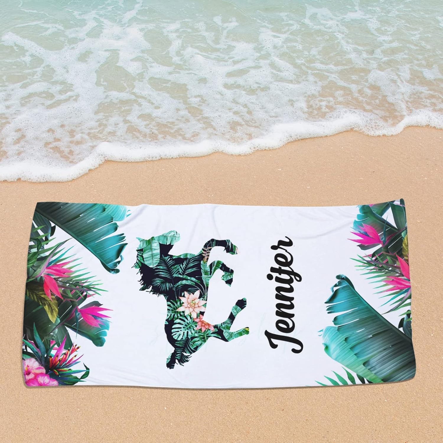 Personalized Horse Beach Towel with Name and Flowers